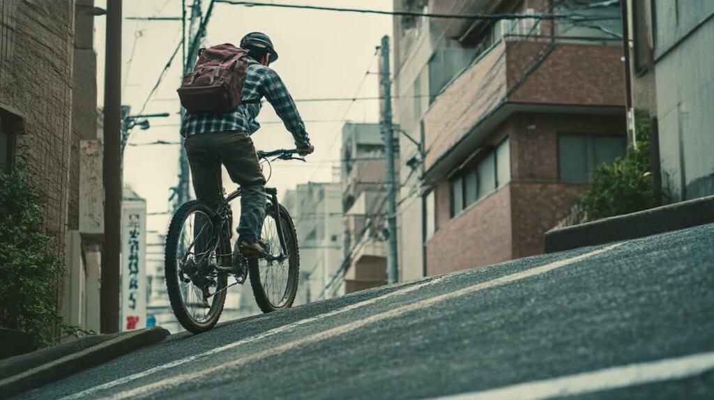 坂道を上る日本人男性サイクリストの通勤シーン
