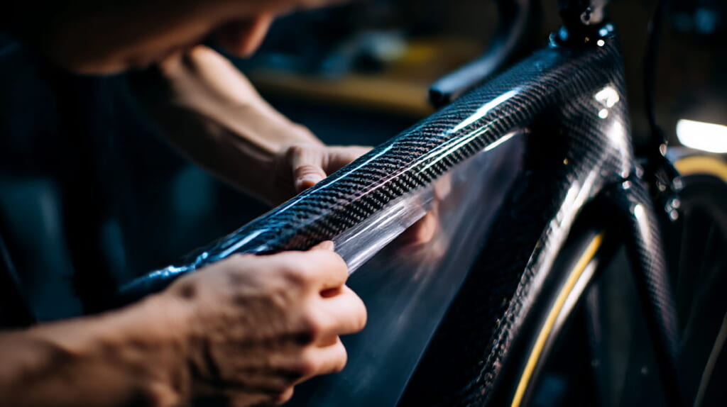 カーボンフレームに保護フィルムを貼る日本人男性と駐輪対策の様子