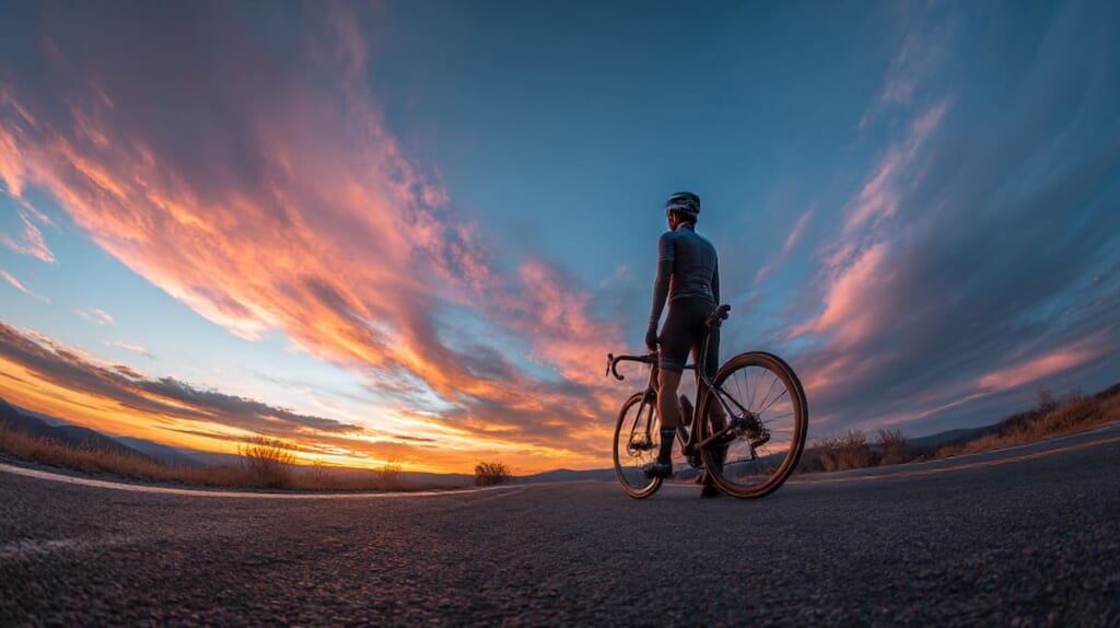 夕景の丘でカーボンクロスバイクと佇む日本人ライダー
