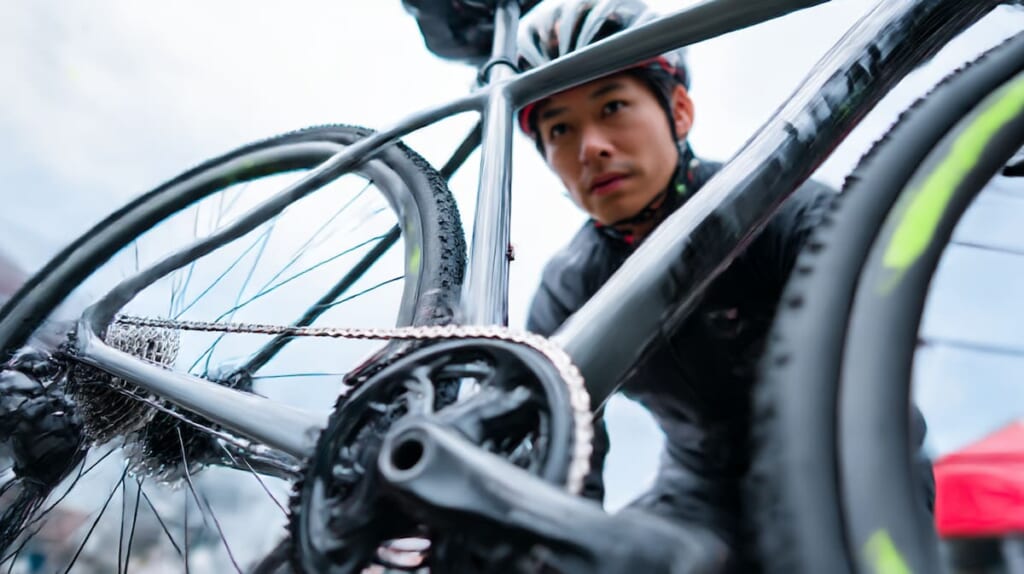 最新ドライブトレインを整備する日本人メカニックとカーボンフレーム