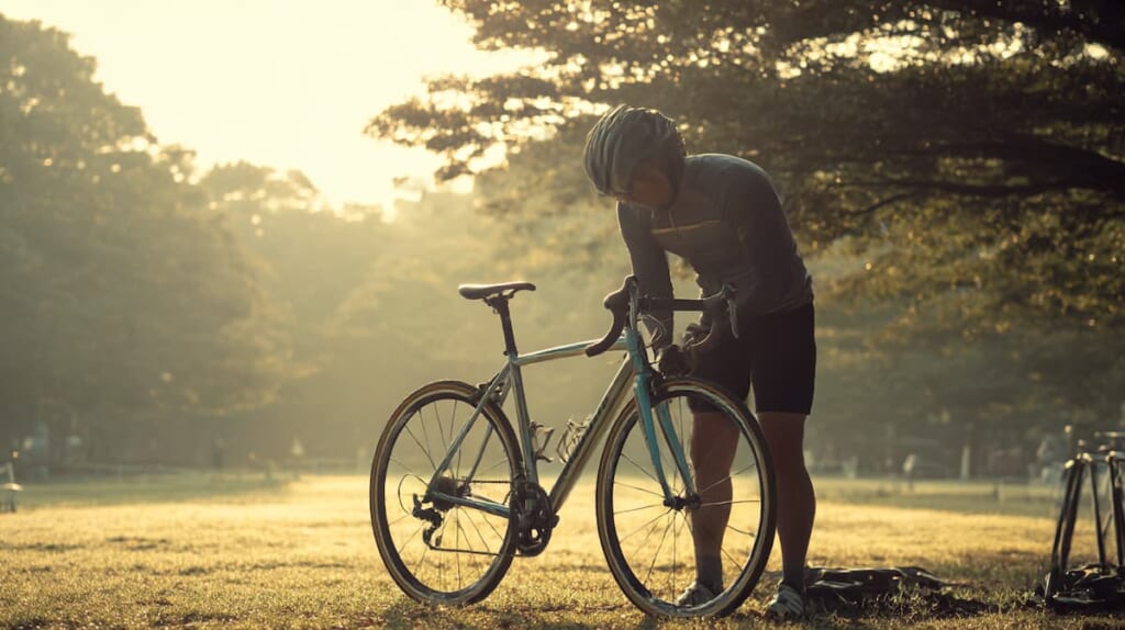カーボンバイクとランニングを併用する40代日本人男性のトレーニング風景