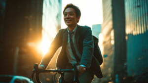 2026年最新カーボンクロスバイクに乗る日本人男性が都会の夕暮れを軽快に走る様子