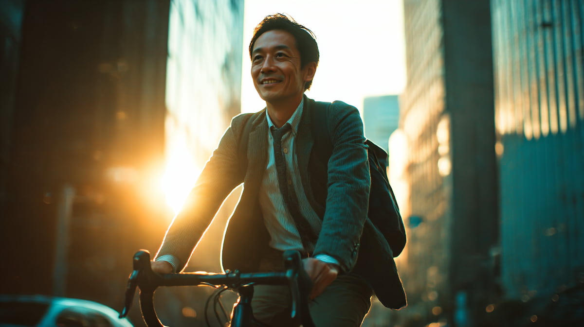 2026年最新カーボンクロスバイクに乗る日本人男性が都会の夕暮れを軽快に走る様子