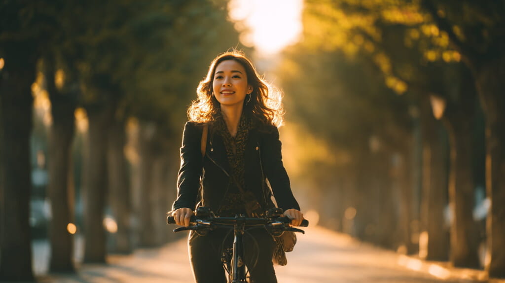 快適な乗り心地を楽しむ日本人女性とカーボンクロスバイク