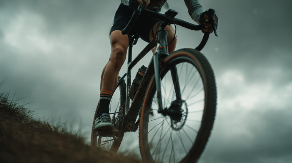 クロスバイクで正しいサドル高と膝角度を確認する様子