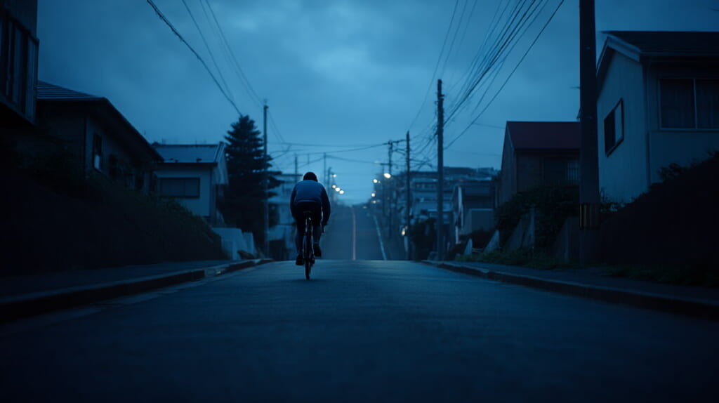 坂の手前でギアを操作する日本人サイクリストの手元