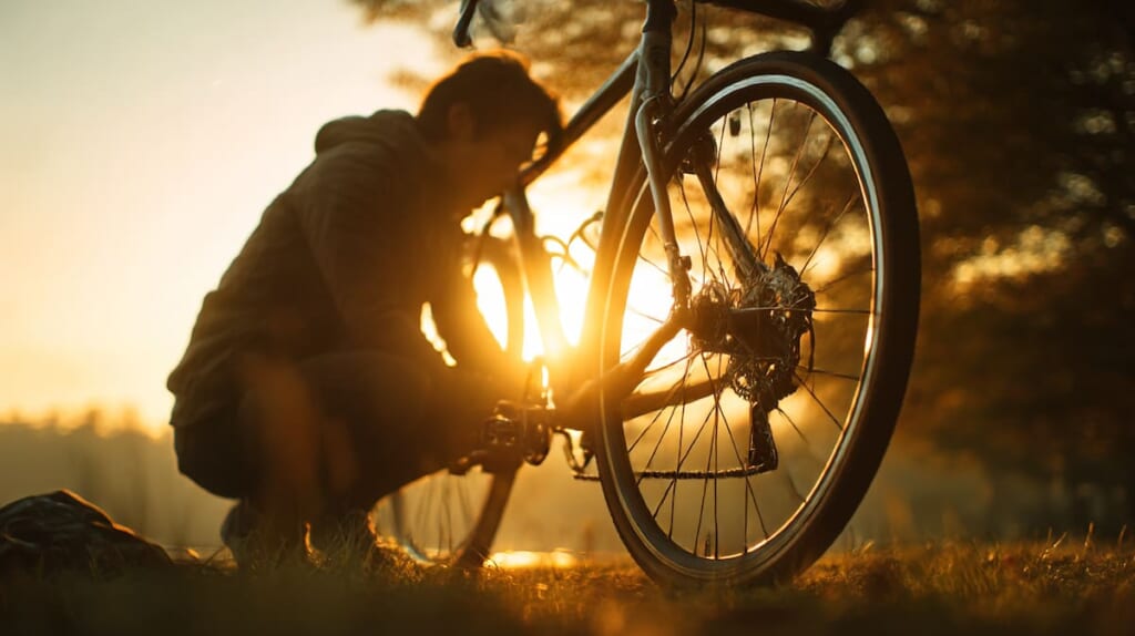 クロスバイクのタイヤ空気圧をチェックする日本人サイクリスト