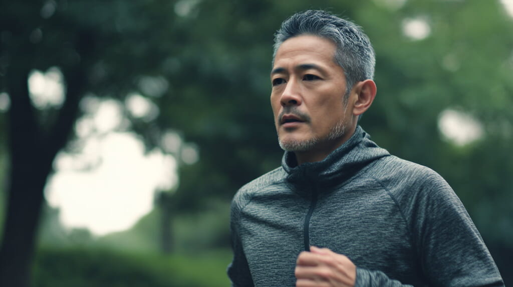 40代日本人男性が坂道対策としてランニングを行う様子