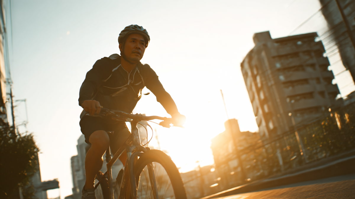 40代日本人男性がクロスバイクで坂道を力強く登る様子