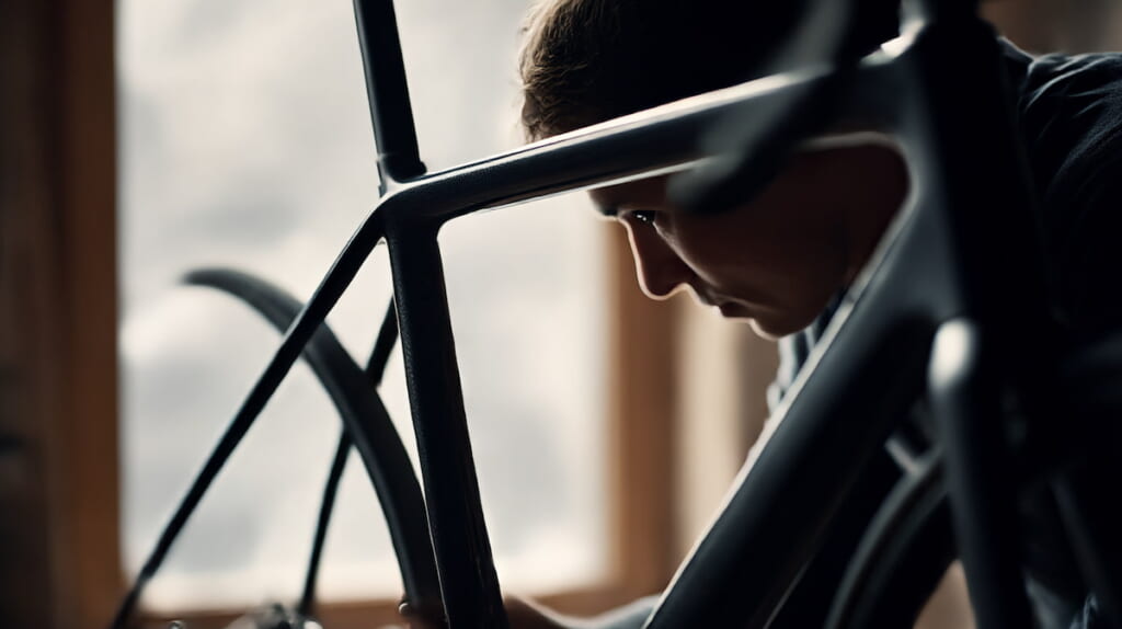 室内でカーボンフレームの質感を確認する日本人サイクリストのクローズアップ