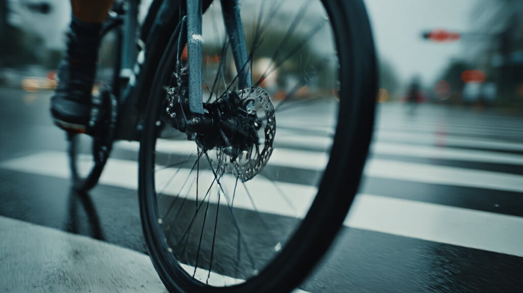 雨天の横断歩道で油圧ディスクブレーキを操作する日本人サイクリスト