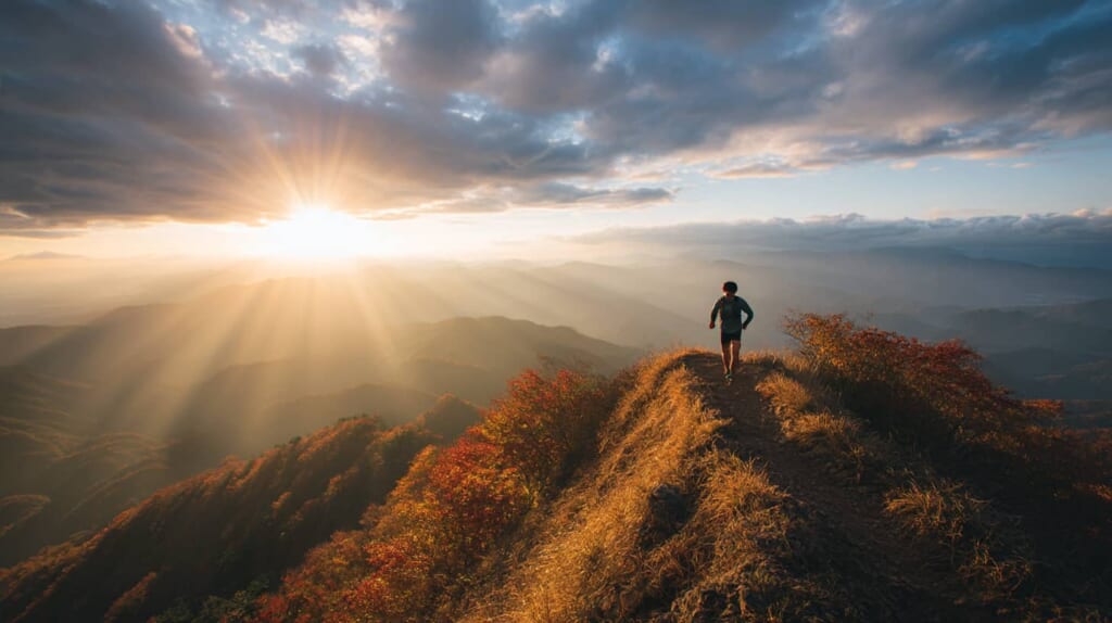 朝焼けの山道をトレイルランニングする日本人男性のダイナミックな風景
