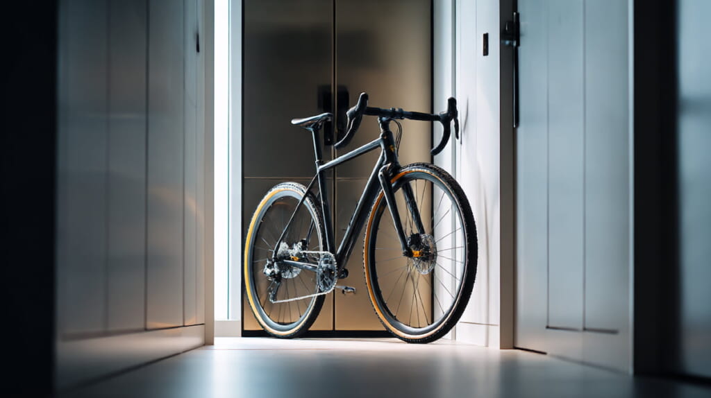 高級クロスバイクを室内保管しダブルロックする日本人男性の様子