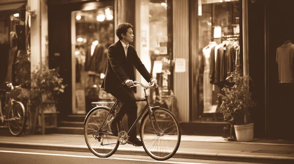 横断歩道で自転車を押して安全に右側の店へ向かう日本人