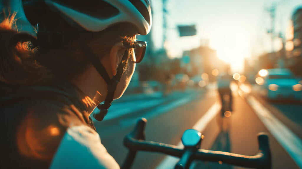 バックミラーを装着し後方確認をする日本人サイクリスト