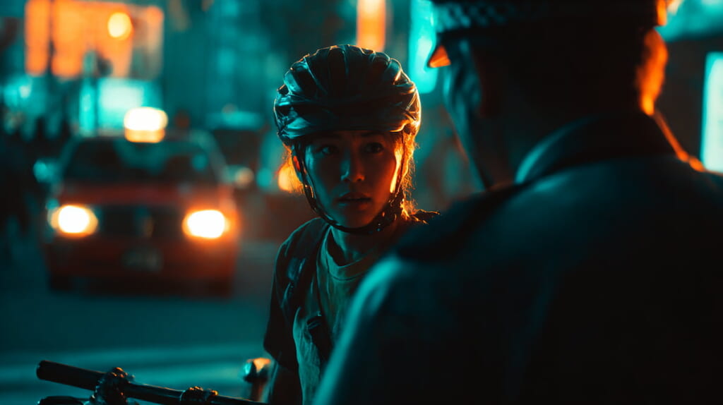 逆走中の自転車を日本人警察官が指導している場面