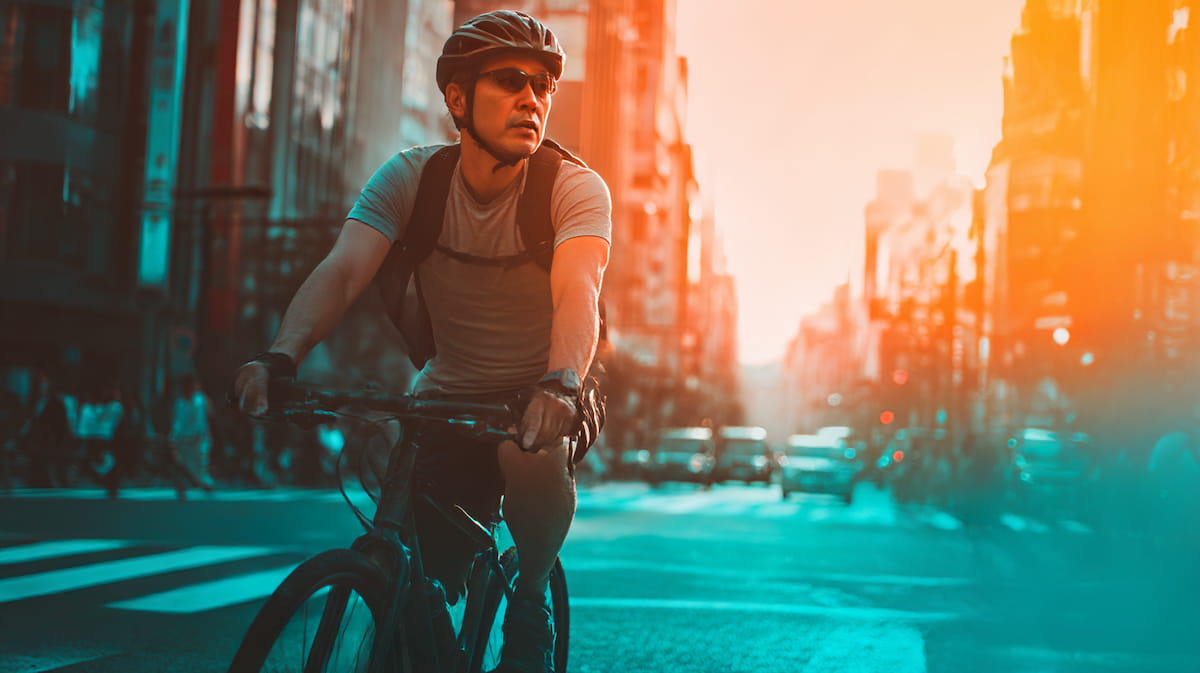 左側通行を守って都市部の車道を走る日本人サイクリストの様子