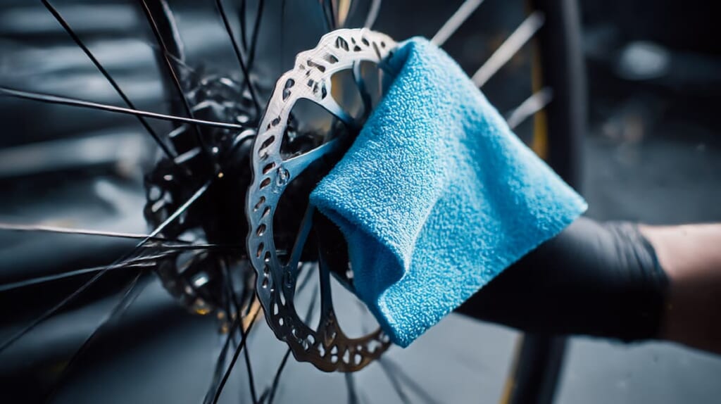 クロスバイクの油圧ディスクブレーキを整備する様子