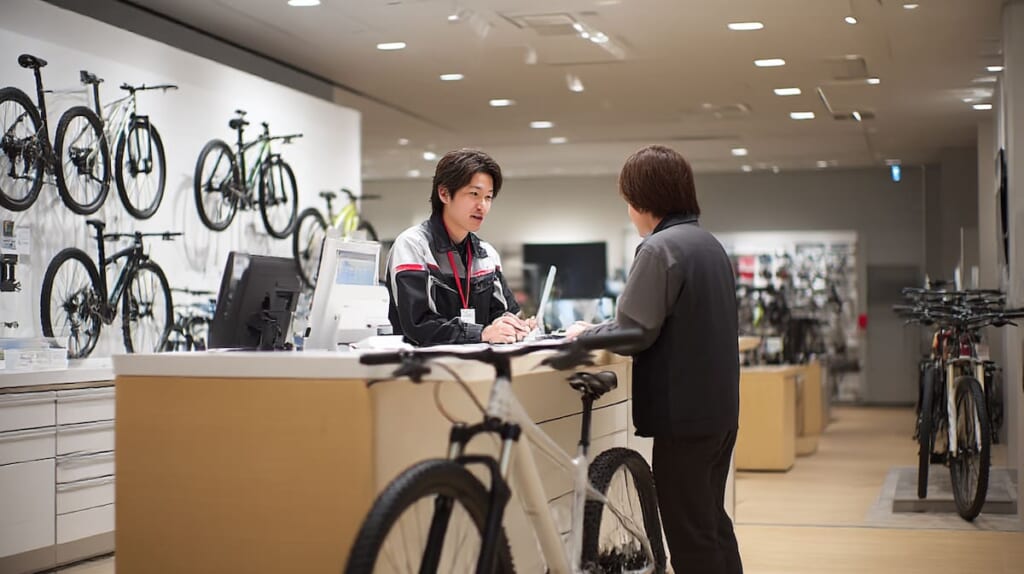 大型ホームセンターの駐車場で箱入り自転車を運ぶ日本人家族