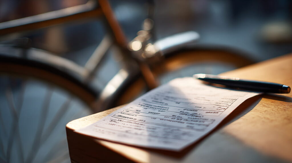 自転車登録に必要な書類と身分証を机に並べる日本人男性