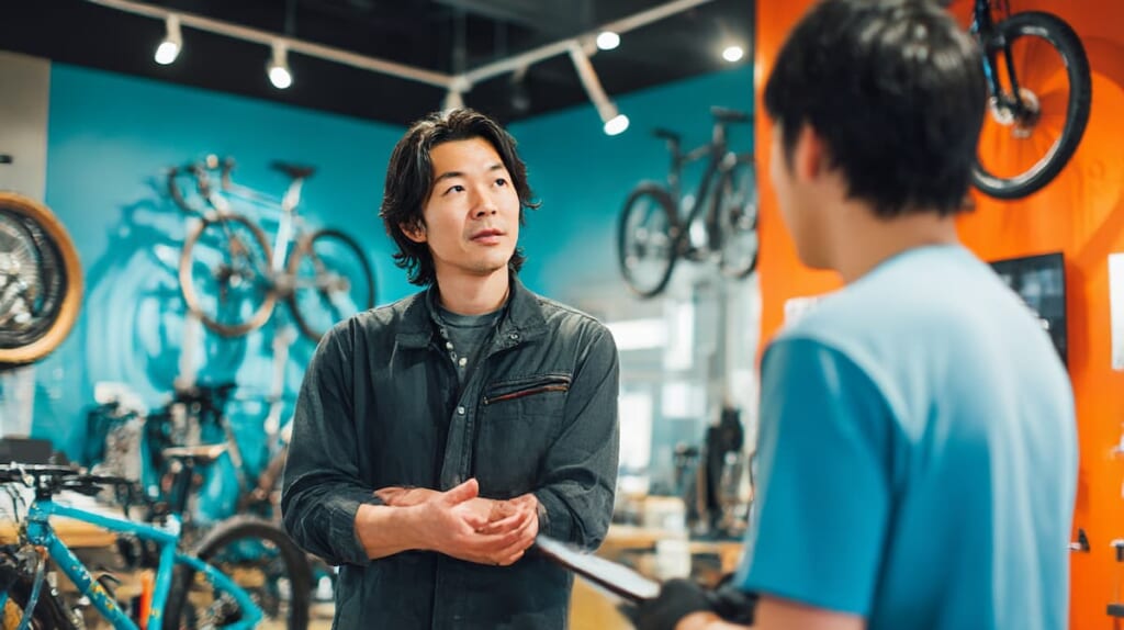 大型自転車専門店で整備士と相談する日本人男性のスタイリッシュな様子