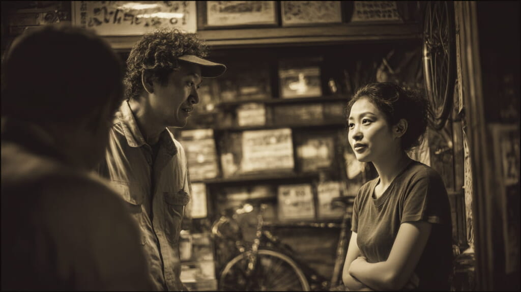 街の自転車店で整備士がクロスバイクを丁寧に点検している様子