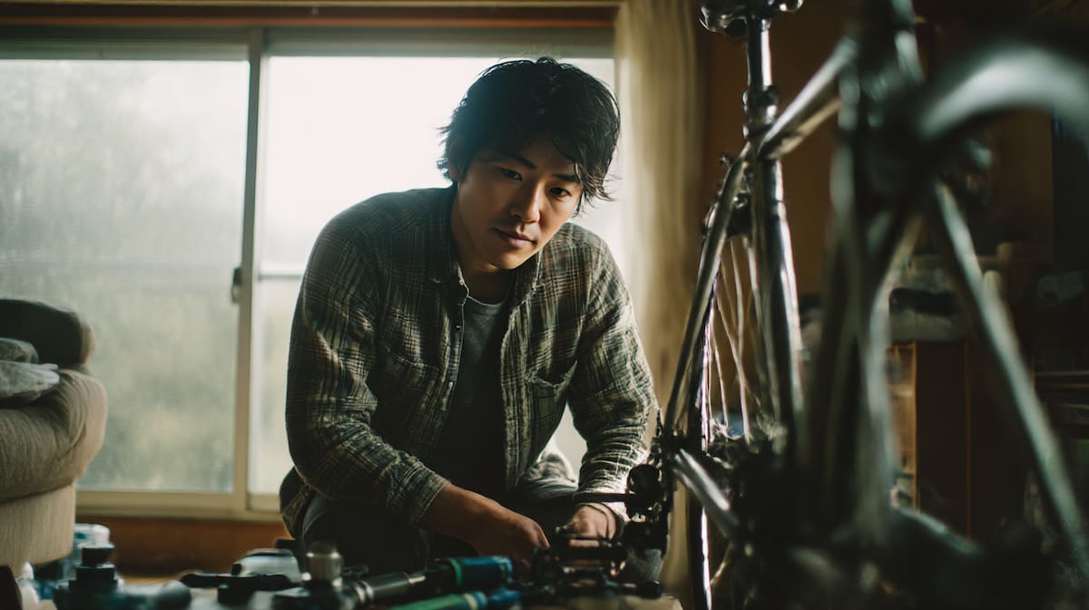 通販で届いたクロスバイクを開封し、笑顔で立つ日本人男性のイメージ写真