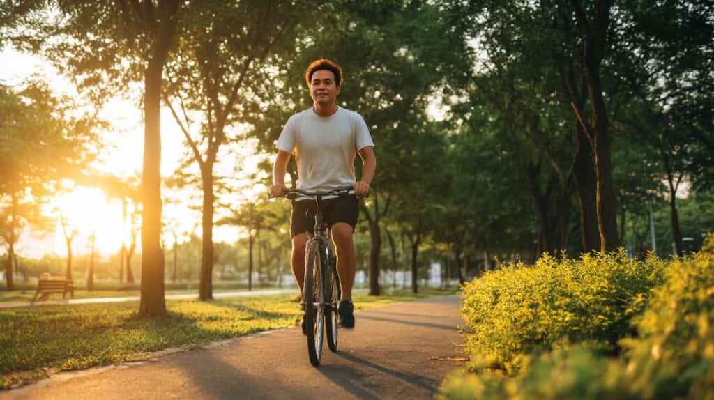 安全点検を終えたクロスバイクで河川敷を走る日本人男性