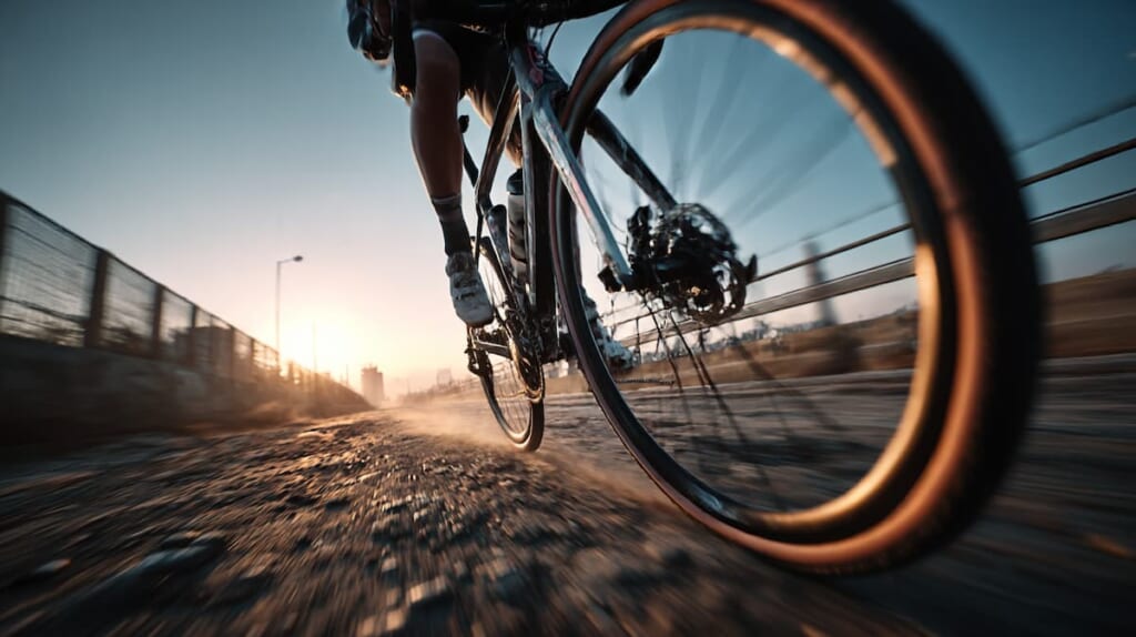 35mmタイヤを装着したロードバイクが荒れた路面でも安定して走行する様子