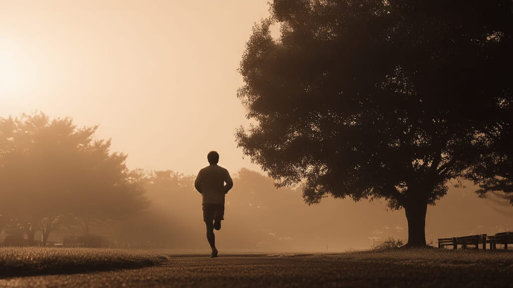 自転車と併用してランニングを行う40代男性の健康的な朝の風景