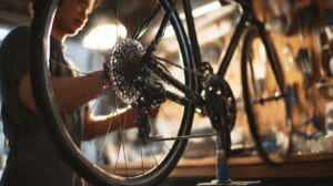 　- シマノCUESを搭載したクロスバイクを整備士が点検している様子