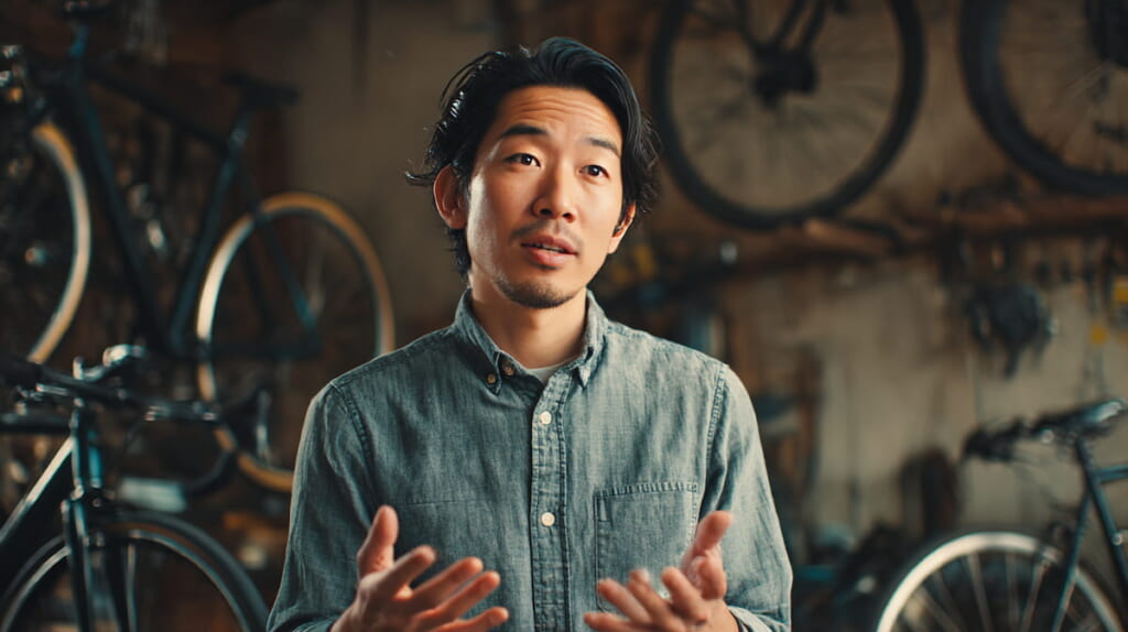 整備士が通勤・通学向けクロスバイクTB1について解説しているイメージ