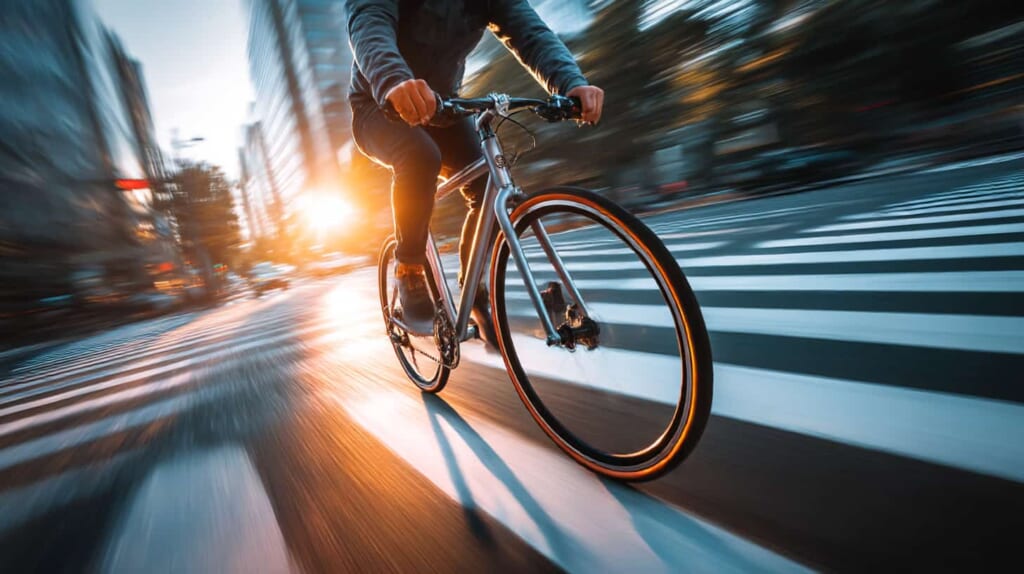 40代男性がクロスバイクで都市を走る通勤ライドのイメージ