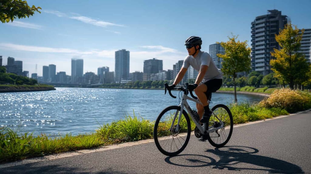 クロスバイクで週末サイクリングを楽しむ日本人男性