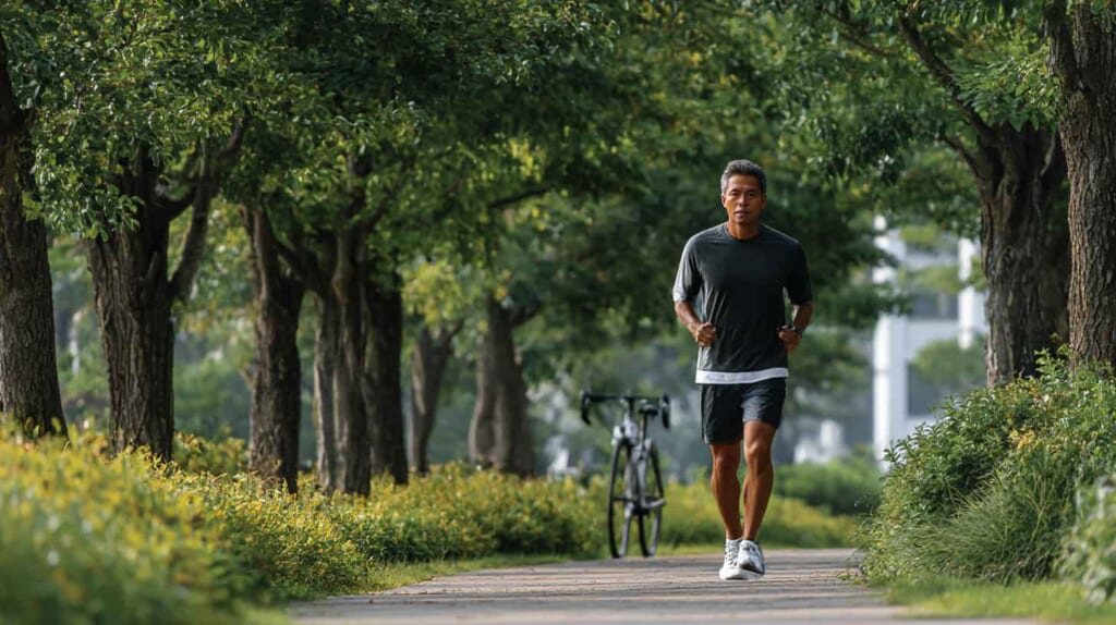 クロスバイクとランニングを組み合わせた健康習慣のイメージ