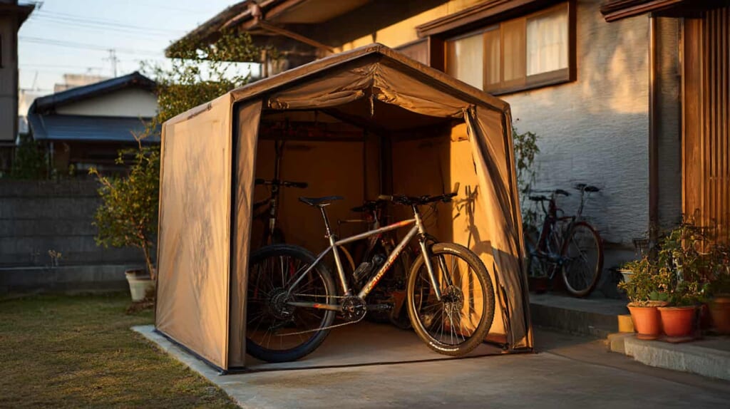 クロスバイクを屋外サイクルハウスで保管している様子