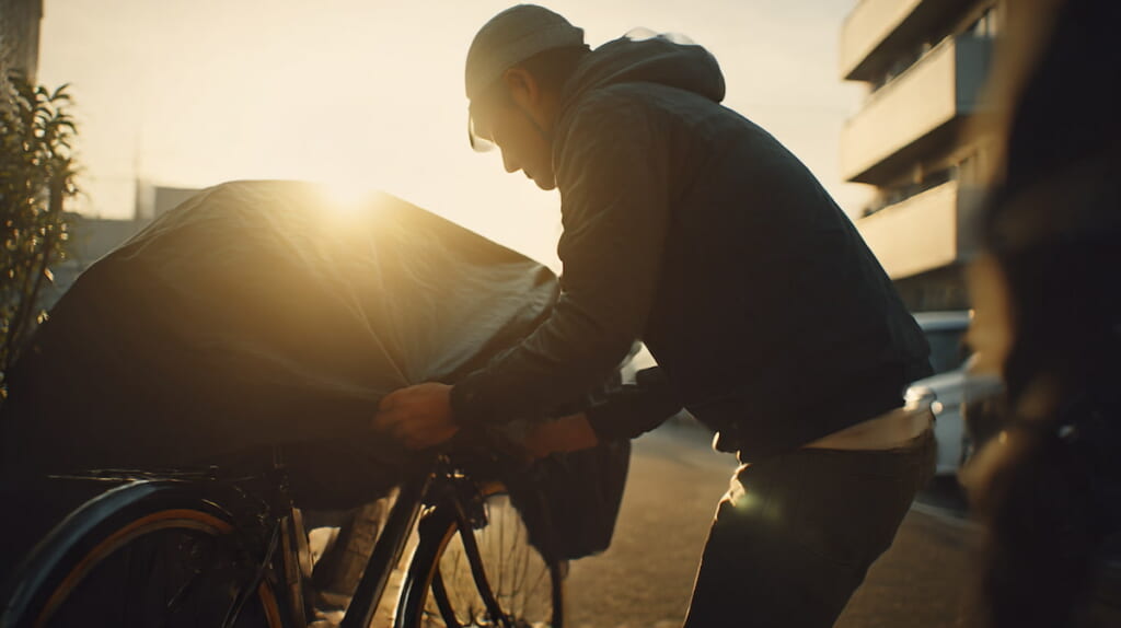 朝の通勤前にクロスバイクへカバーを素早くかける日本人サイクリスト