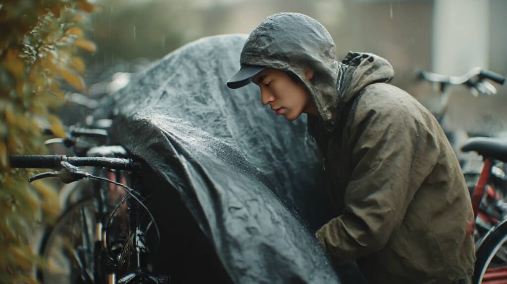 雨の中でクロスバイクを防水カバーで守っている様子