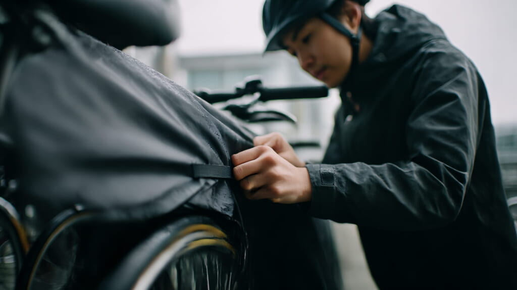 クロスバイクカバーのバックルを固定して風対策をしている様子