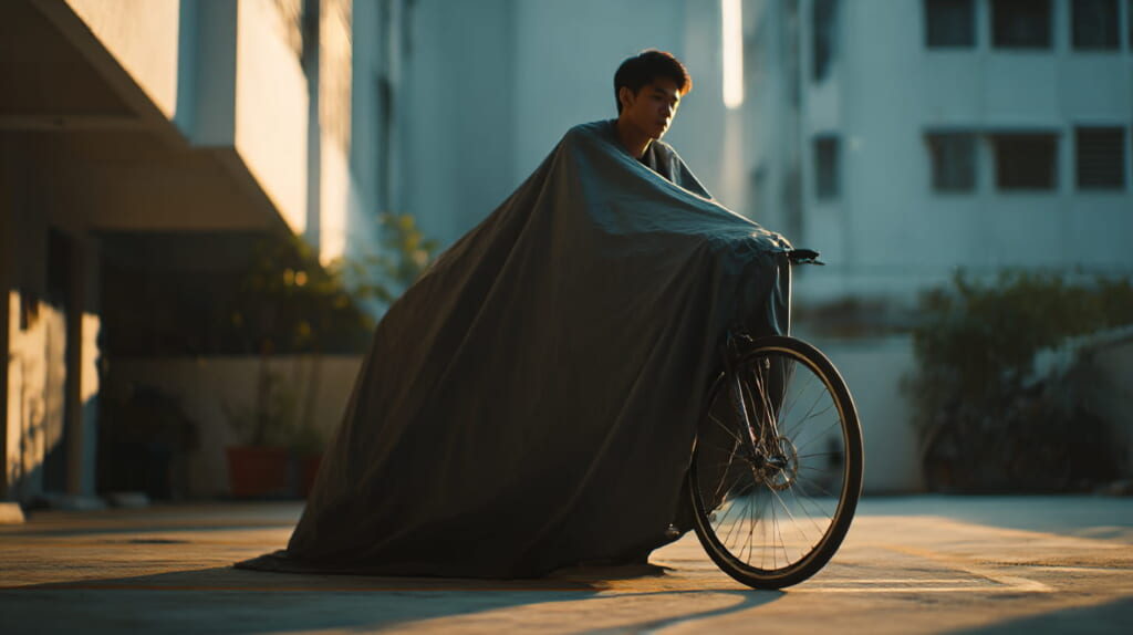 クロスバイクに自転車カバーをかけて保管している日本人サイクリストの様子