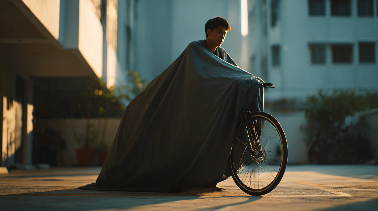 クロスバイクに自転車カバーをかけて保管している日本人サイクリストの様子