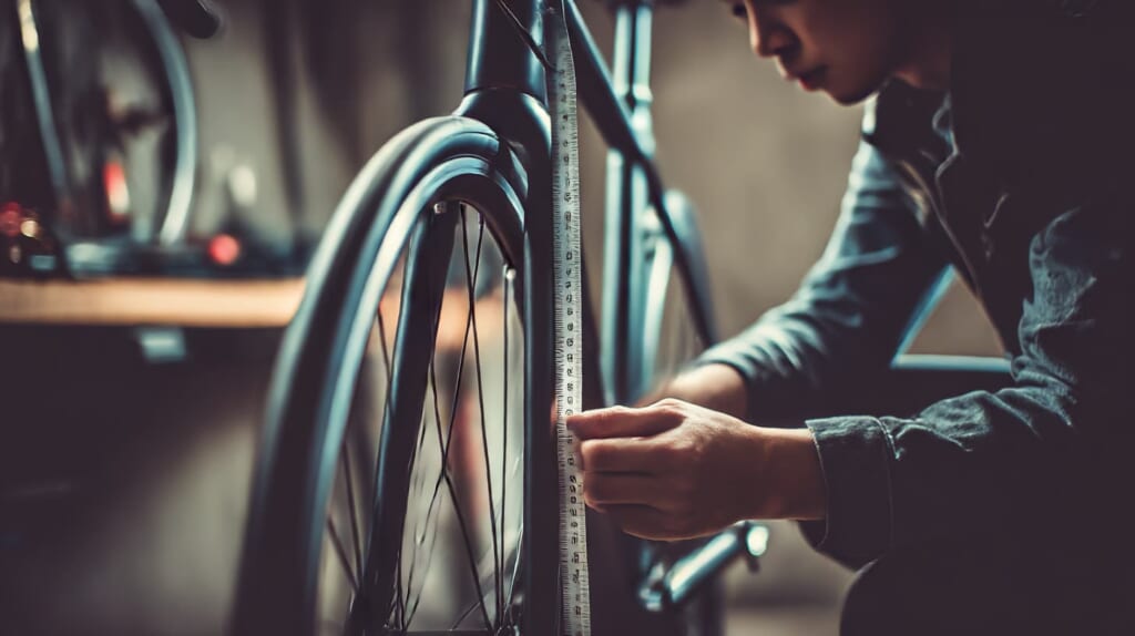 クロスバイクのサイズをメジャーで測定してカバー選びをしている様子