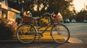 両立スタンドで安定して自立するクロスバイクと買い物後の街乗りシーン