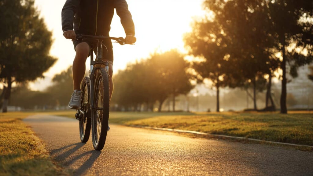 スタンド取り付け調整と健康的な自転車ライフを連想させる日本人サイクリスト