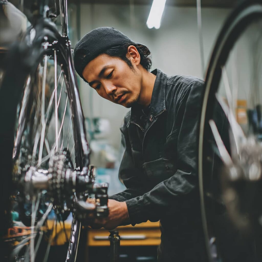 センタースタンドで後輪を浮かせてチェーンメンテナンスをするクロスバイク