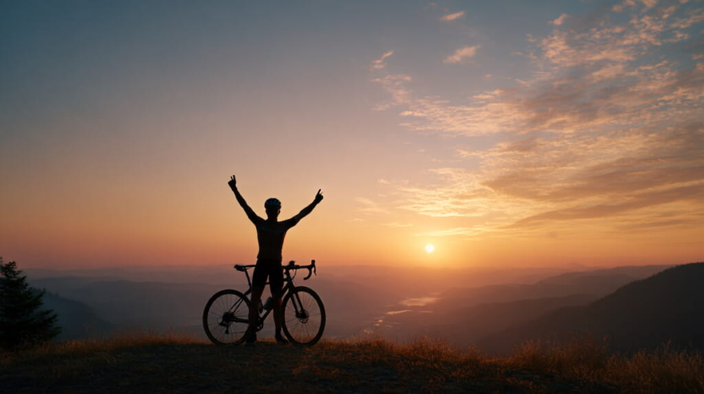 クロスバイクで長距離ライドを終えて景色を眺めるサイクリスト