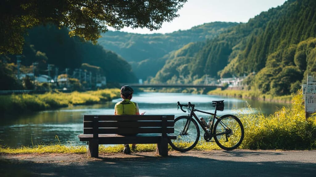 スマートフォンの位置共有アプリを確認する日本人サイクリスト