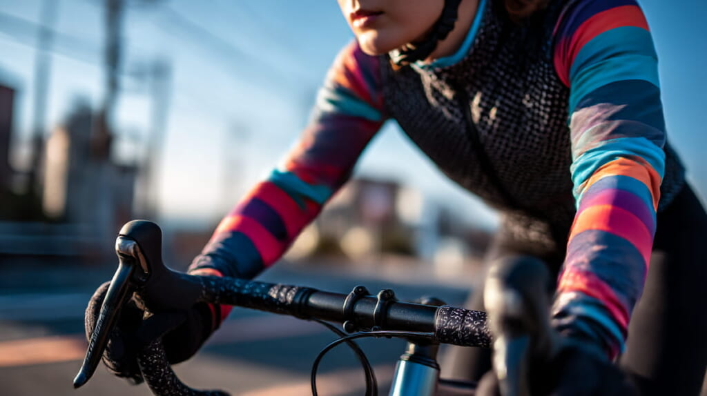 クロスバイクのバーエンドバーを握って走行するサイクリストの手元
