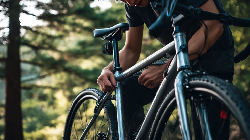 クロスバイクのサドル高さを調整する日本人サイクリスト
