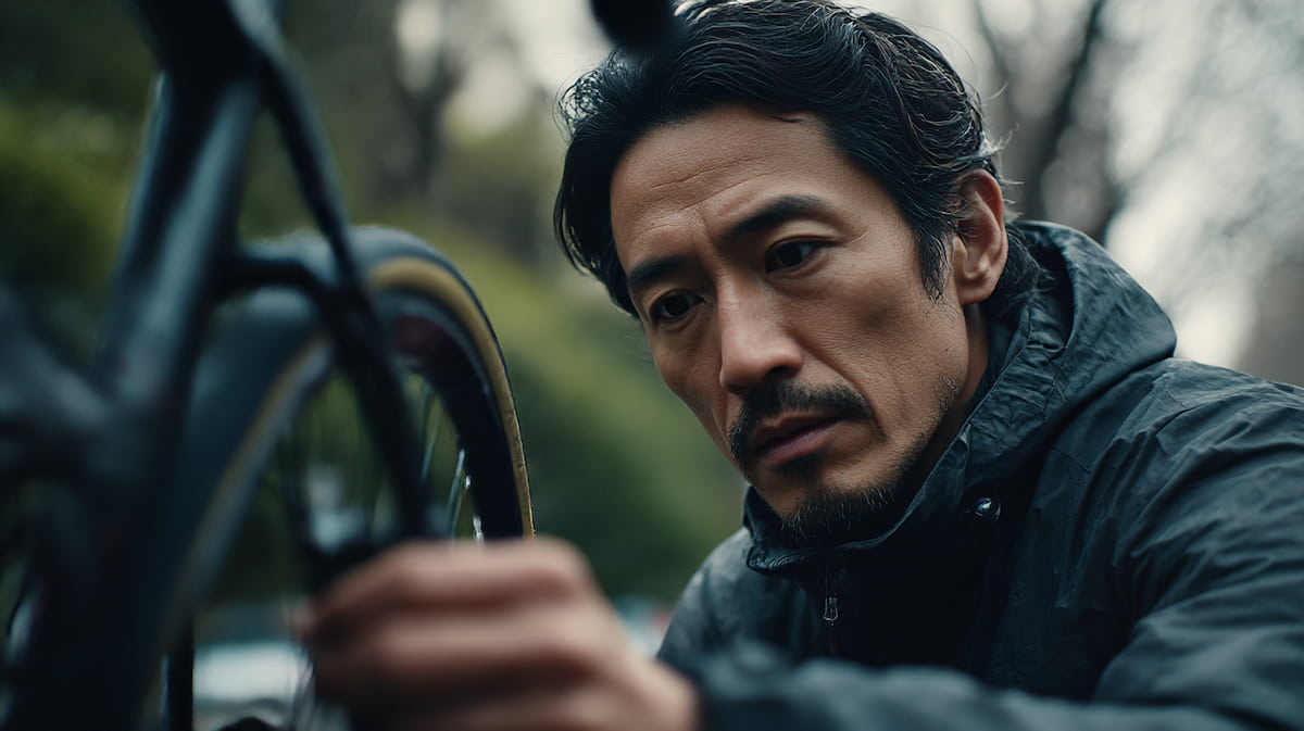 クロスバイクのペダル付近を点検する日本人男性サイクリストの様子